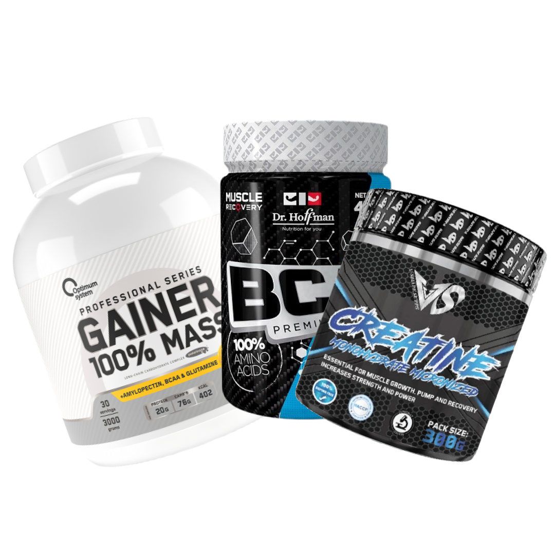 Optimum System: Gainer 3000 гр. + V-Shape Supps: Creatine 300 гр.+Dr.Hoffman: BCAA 450 гр.